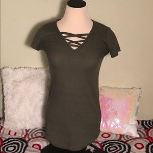 Olive Green Ribbed Lattice Top
